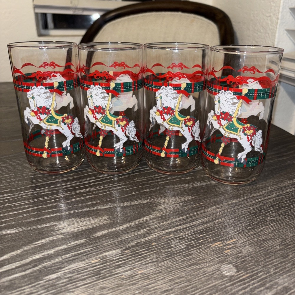 4 HOUSE OF LLOYD Christmas CAROUSEL‎ HORSE Glasses 1990  14oz Perfect Condition